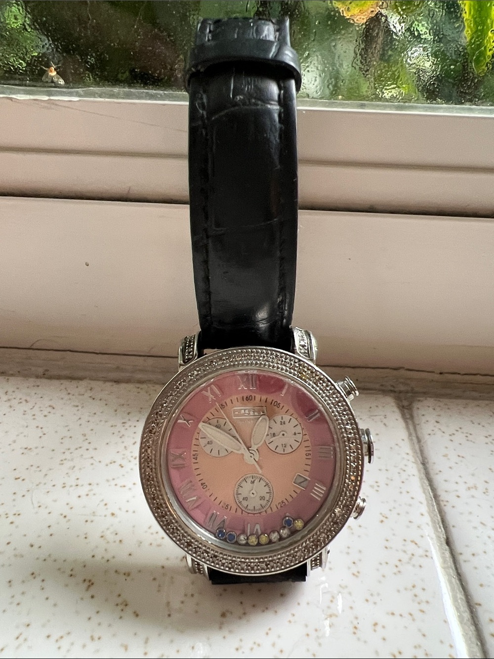 Women's Pink Dial Crystal-Accent Watch with Black Strap